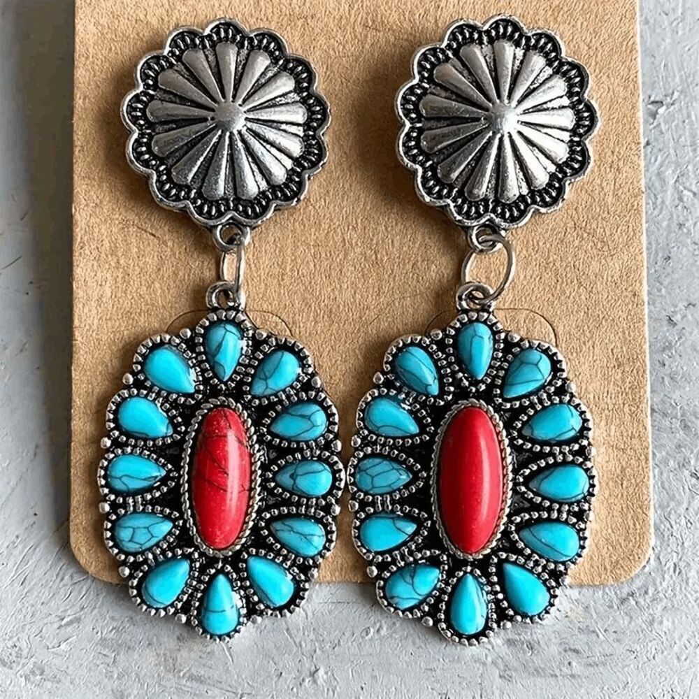 Western Boho Concho Turquoise Concho Santa Fe Style Dangle Earrings